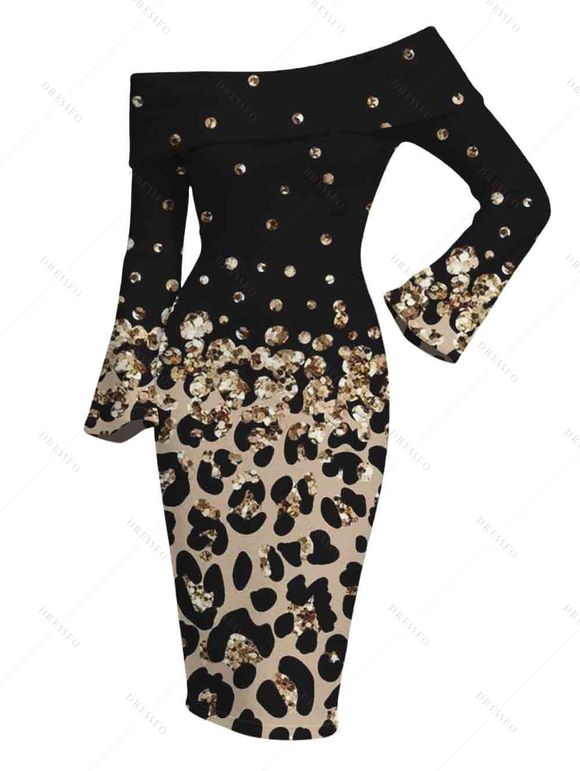 Vintage Couple Outfit Ombre Leopard Sequined Print Foldover Off the Shoulder Bell Sleeve Bodycon Dress and Long Sleeve Shirt Set - Noir S | US 4