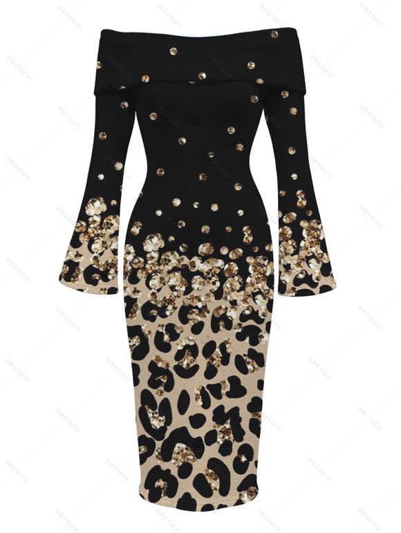 Vintage Couple Outfit Ombre Leopard Sequined Print Foldover Off the Shoulder Bell Sleeve Bodycon Dress and Long Sleeve Shirt Set - Noir S | US 4
