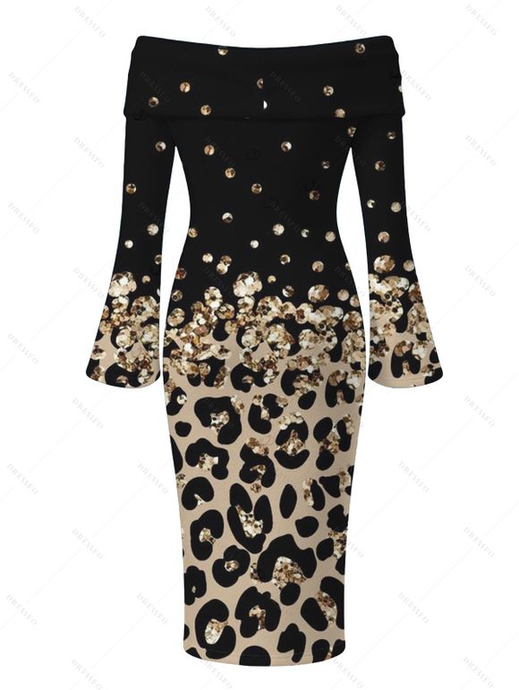 Vintage Couple Outfit Ombre Leopard Sequined Print Foldover Off the Shoulder Bell Sleeve Bodycon Dress and Long Sleeve Shirt Set - Noir S | US 4