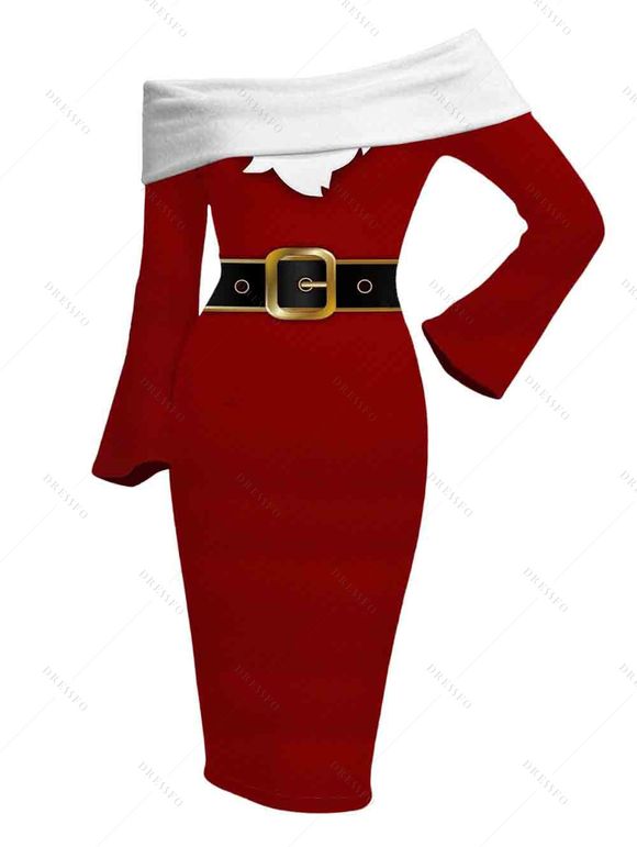 Christmas Couple Outfit Colorblock 3D Print Foldover Off the Shoulder Bell Sleeve Bodycon Dress and Long Sleeve Shirt Holiday Set - Rouge Vineux S | US 4