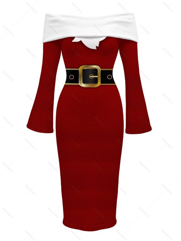 Christmas Couple Outfit Colorblock 3D Print Foldover Off the Shoulder Bell Sleeve Bodycon Dress and Long Sleeve Shirt Holiday Set - Rouge Vineux S | US 4