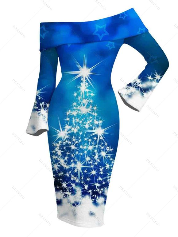 Holiday Couple Outfit Christmas Tree Star Snowflake Print Foldover Off the Shoulder Bell Sleeve Bodycon Dress and Long Sleeve Shirt Set - Bleu S | US 4