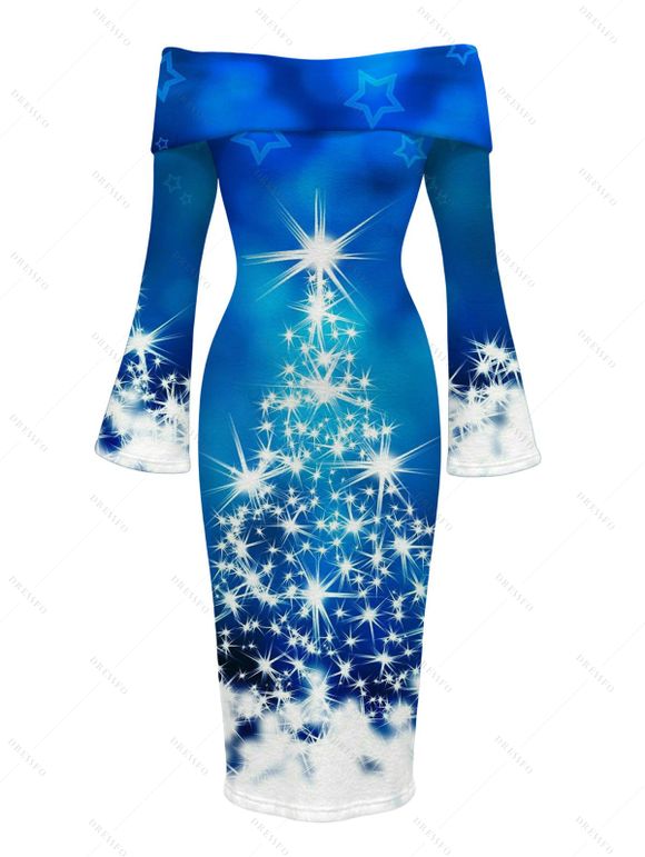 Holiday Couple Outfit Christmas Tree Star Snowflake Print Foldover Off the Shoulder Bell Sleeve Bodycon Dress and Long Sleeve Shirt Set - Bleu S | US 4