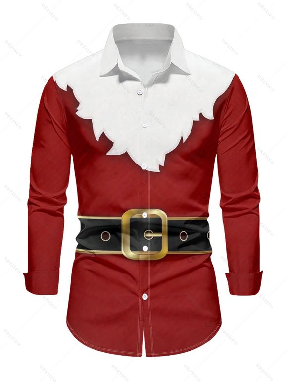 Christmas Couple Outfit Colorblock 3D Print Foldover Off the Shoulder Bell Sleeve Bodycon Dress and Long Sleeve Shirt Holiday Set - Rouge Vineux S | US 4