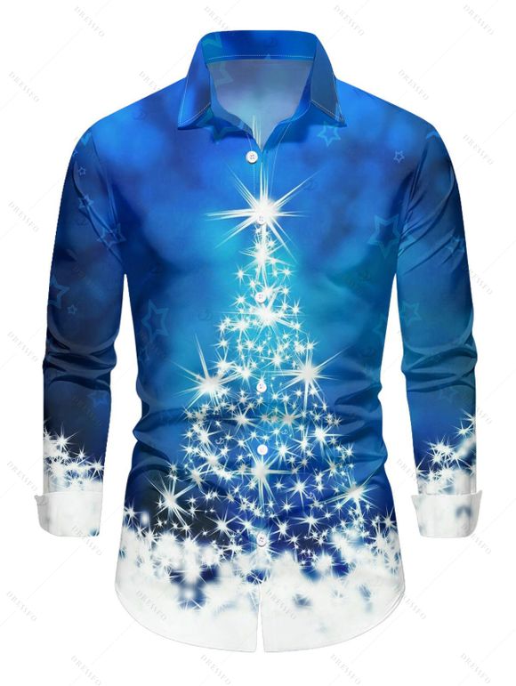 Holiday Couple Outfit Christmas Tree Star Snowflake Print Foldover Off the Shoulder Bell Sleeve Bodycon Dress and Long Sleeve Shirt Set - Bleu S | US 4
