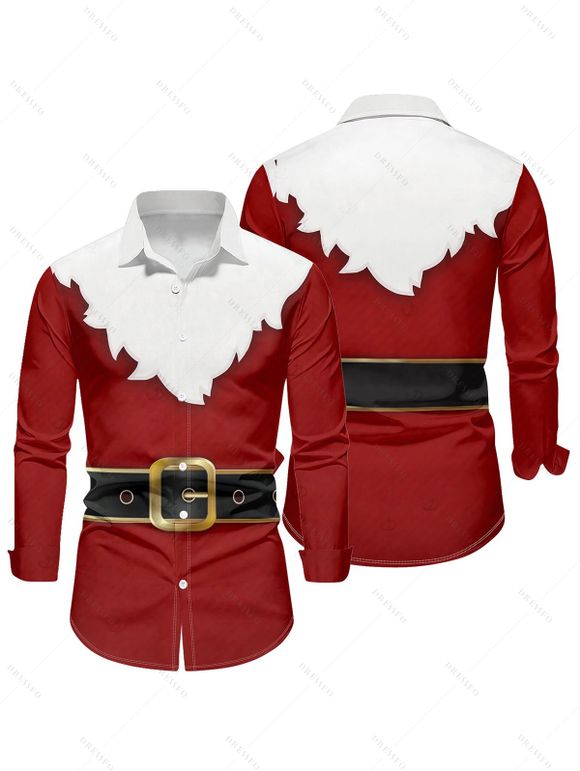 Christmas Couple Outfit Colorblock 3D Print Foldover Off the Shoulder Bell Sleeve Bodycon Dress and Long Sleeve Shirt Holiday Set - Rouge Vineux S | US 4