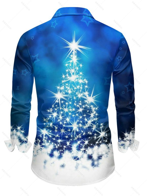Holiday Couple Outfit Christmas Tree Star Snowflake Print Foldover Off the Shoulder Bell Sleeve Bodycon Dress and Long Sleeve Shirt Set - Bleu S | US 4