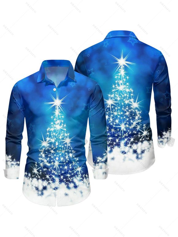 Holiday Couple Outfit Christmas Tree Star Snowflake Print Foldover Off the Shoulder Bell Sleeve Bodycon Dress and Long Sleeve Shirt Set - Bleu S | US 4