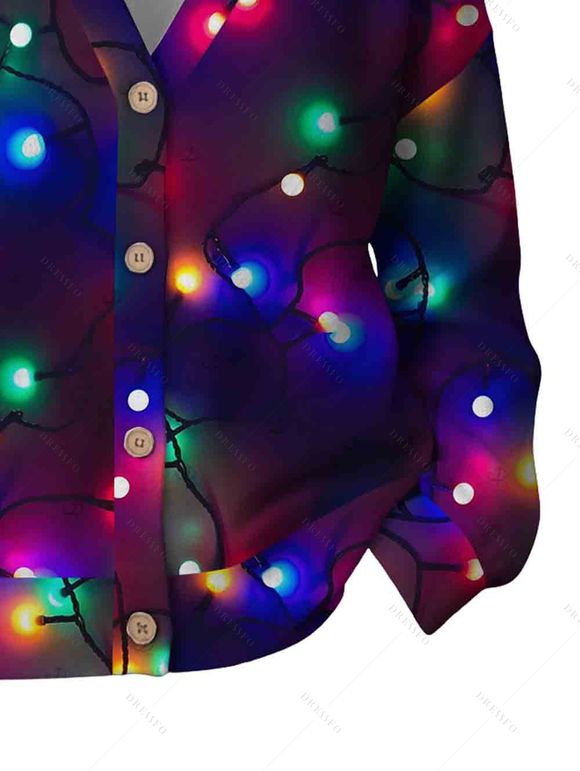 Christmas Party Cardigan Coat Colored Light Chains Print Button Up Long Sleeve Holiday Top - Noir S | US 4