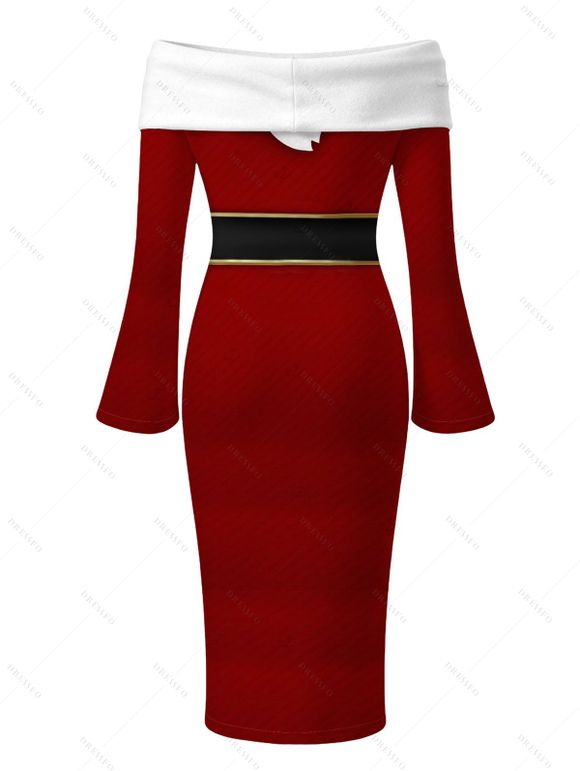Christmas Party Dress Colorblock 3D Print Foldover Off the Shoulder Bell Sleeve Bodycon Holiday Dress - Rouge Vineux XXL | US 14