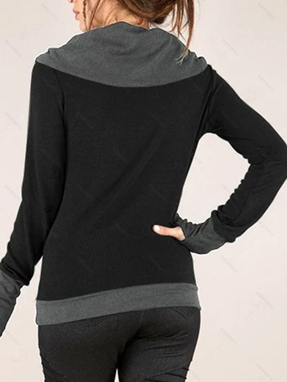 Winter Top Colorblock Cowl Neck Thumb Hole Cuff Fitted Waist Long Sleeve Top - Noir S | US 4