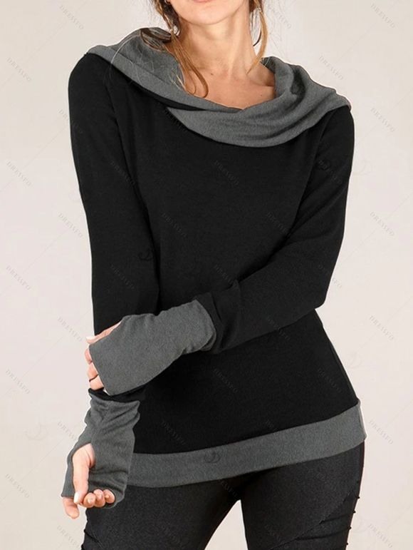 Winter Top Colorblock Cowl Neck Thumb Hole Cuff Fitted Waist Long Sleeve Top - Noir S | US 4