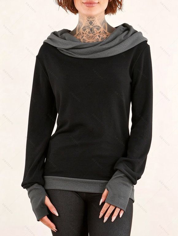 Winter Top Colorblock Cowl Neck Thumb Hole Cuff Fitted Waist Long Sleeve Top - Noir S | US 4