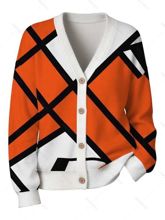 Vacation Cardigan Coat Colorblock Geometric Print V Neck Button Up Long Sleeve Top - Orange M | US 6