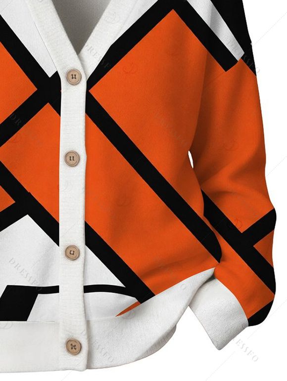 Vacation Cardigan Coat Colorblock Geometric Print V Neck Button Up Long Sleeve Top - Orange M | US 6