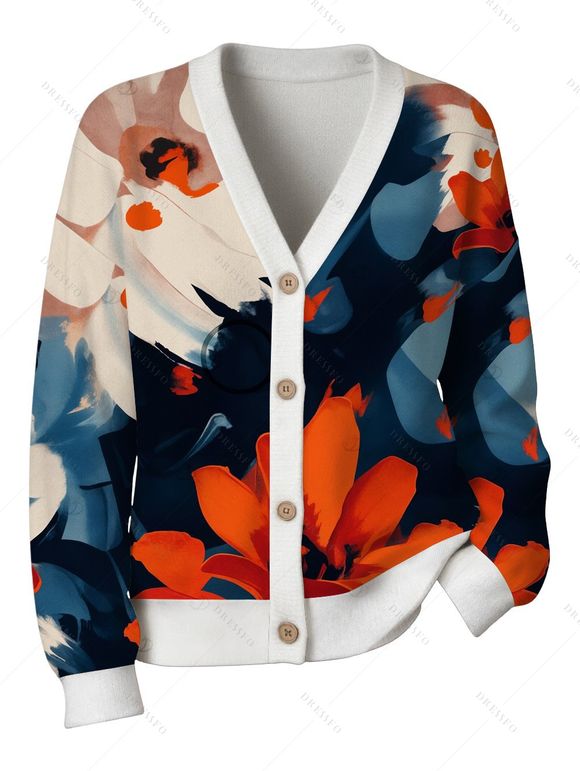Vacation Cardigan Coat Watercolor Floral Print V Neck Button Up Long Sleeve Top - multicolor M | US 6