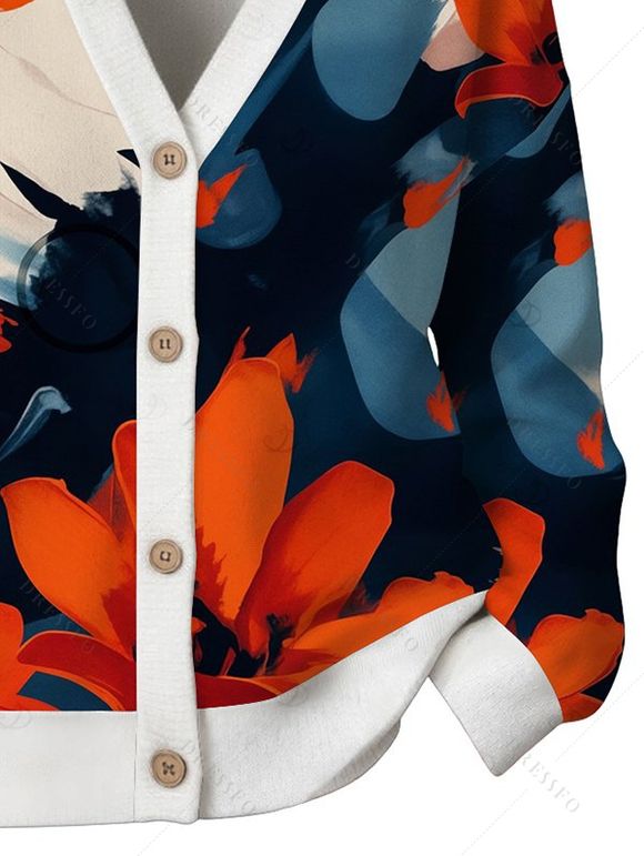 Vacation Cardigan Coat Watercolor Floral Print V Neck Button Up Long Sleeve Top - multicolor M | US 6