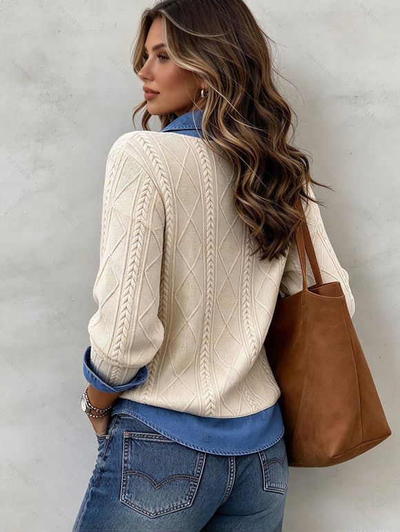 Casual Faux Twinset Knit Sweater Colorblock Faux Denim Argyle Textured Long Sleeve 2 In 1 Top - Abricot S | US 4