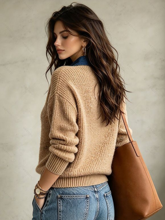 Daily Knitted Top Faux Denim Turn Down Collar Colorblock Textured V Notch Long Sleeve Top - café S | US 4