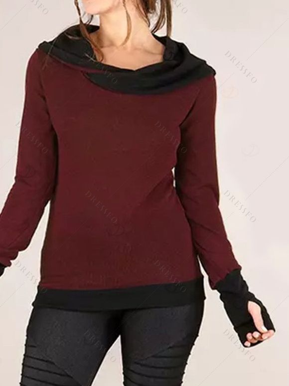 Winter Top Colorblock Cowl Neck Thumb Hole Cuff Fitted Waist Long Sleeve Top - Rouge Vineux XXL | US 14