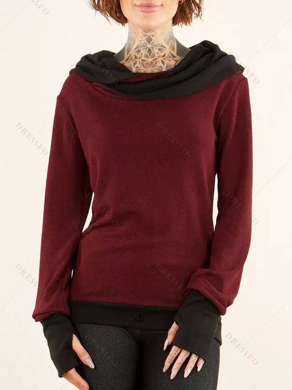 Winter Top Colorblock Cowl Neck Thumb Hole Cuff Fitted Waist Long Sleeve Top - Rouge Vineux XXL | US 14