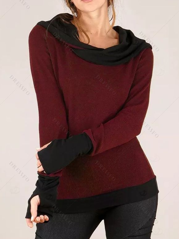 Winter Top Colorblock Cowl Neck Thumb Hole Cuff Fitted Waist Long Sleeve Top - Rouge Vineux XXL | US 14
