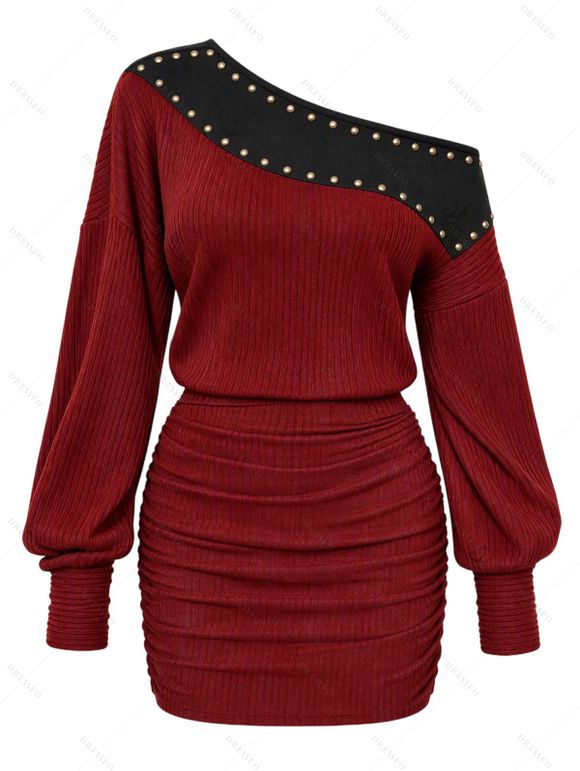 Elegant Dress Colorblock Rivet Skew Neck Ruched Bodycon Mini Dress - Rouge Vineux S | US 4