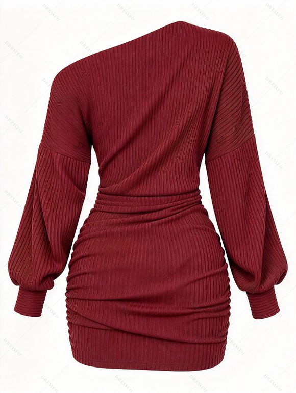 Elegant Dress Colorblock Rivet Skew Neck Ruched Bodycon Mini Dress - Rouge Vineux S | US 4