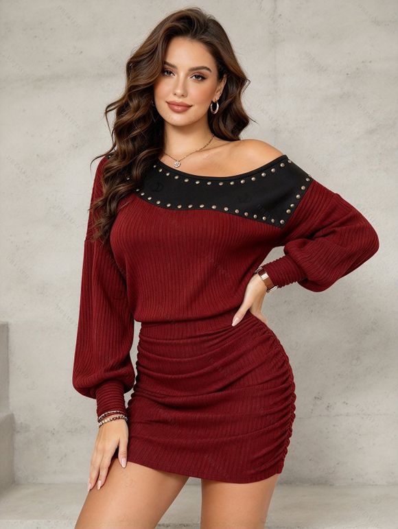 Elegant Dress Colorblock Rivet Skew Neck Ruched Bodycon Mini Dress - Rouge Vineux S | US 4