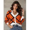 Vacation Cardigan Coat Colorblock Geometric Print V Neck Button Up Long Sleeve Top - Orange M | US 6