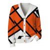 Vacation Cardigan Coat Colorblock Geometric Print V Neck Button Up Long Sleeve Top - Orange XL | US 12