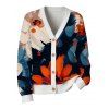 Vacation Cardigan Coat Watercolor Floral Print V Neck Button Up Long Sleeve Top - multicolor M | US 6