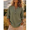 Winter Sweater Solid Color Hollow Out Henley Neck Curved Hem Long Sleeve Knit Top - Vert Armée L | US 8-10