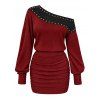 Elegant Dress Colorblock Rivet Skew Neck Ruched Bodycon Mini Dress - Rouge Vineux S | US 4