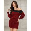 Elegant Dress Colorblock Rivet Skew Neck Ruched Bodycon Mini Dress - Rouge Vineux S | US 4