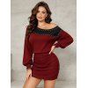 Elegant Dress Colorblock Rivet Skew Neck Ruched Bodycon Mini Dress - Rouge Vineux M | US 6