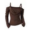 Winter Knitted Top Solid Color Draped Cold Shoulder Buckle Strap Long Sleeve Top - Café profond L | US 8-10