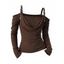 Winter Knitted Top Solid Color Draped Cold Shoulder Buckle Strap Long Sleeve Top - Café profond L | US 8-10