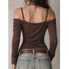 Winter Knitted Top Solid Color Draped Cold Shoulder Buckle Strap Long Sleeve Top - Café profond L | US 8-10
