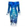 Holiday Dress Christmas Tree Star Snowflake Print Foldover Off the Shoulder Bell Sleeve Bodycon Christmas Dress - Bleu Toile de Jean XL | US 12