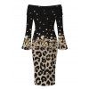 Vacation Dress Ombre Leopard Sequined Print Foldover Off the Shoulder Bell Sleeve Bodycon Dress - Noir L | US 8-10