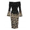 Vacation Dress Ombre Leopard Sequined Print Foldover Off the Shoulder Bell Sleeve Bodycon Dress - Noir L | US 8-10