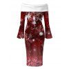 Christmas Dress Ombre Snowflake Print Foldover Off the Shoulder Bell Sleeve Bodycon Holiday Dress - Rouge Vineux M | US 6