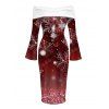Christmas Dress Ombre Snowflake Print Foldover Off the Shoulder Bell Sleeve Bodycon Holiday Dress - Rouge Vineux M | US 6