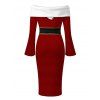 Christmas Couple Outfit Colorblock 3D Print Foldover Off the Shoulder Bell Sleeve Bodycon Dress and Long Sleeve Shirt Holiday Set - Rouge Vineux S | US 4