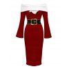 Christmas Couple Outfit Colorblock 3D Print Foldover Off the Shoulder Bell Sleeve Bodycon Dress and Long Sleeve Shirt Holiday Set - Rouge Vineux S | US 4