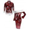 Christmas Couple Outfit Ombre Snowflake Print Foldover Off the Shoulder Bell Sleeve Bodycon Dress and Long Sleeve Shirt Holiday Set - Rouge Vineux S | US 4