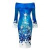 Holiday Couple Outfit Christmas Tree Star Snowflake Print Foldover Off the Shoulder Bell Sleeve Bodycon Dress and Long Sleeve Shirt Set - Bleu S | US 4