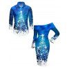 Holiday Couple Outfit Christmas Tree Star Snowflake Print Foldover Off the Shoulder Bell Sleeve Bodycon Dress and Long Sleeve Shirt Set - Bleu S | US 4