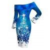 Holiday Couple Outfit Christmas Tree Star Snowflake Print Foldover Off the Shoulder Bell Sleeve Bodycon Dress and Long Sleeve Shirt Set - Bleu S | US 4